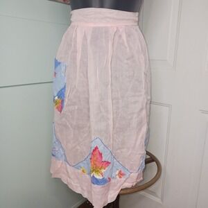 VTG Handmade Half Apron Pink w Blue Leaf print Pockets Cottage farmcore tradwife